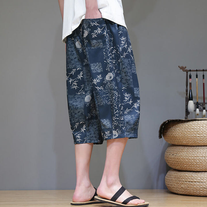 Pantaloni Capri da uomo in cotone e lino con tasche, motivo Buddha Stones, foglie di bambù estive e fiori - image 4