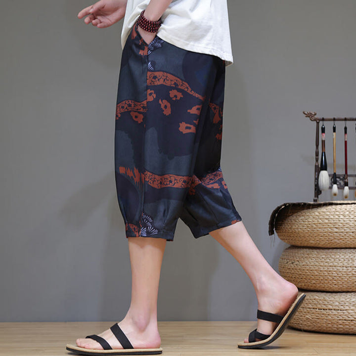 Pantaloni Capri da uomo in cotone e lino con tasche, motivo Buddha Stones, foglie di bambù estive e fiori - image 14