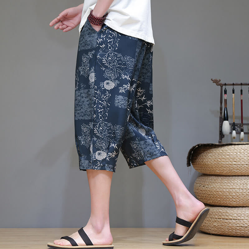Pantaloni Capri da uomo in cotone e lino con tasche, motivo Buddha Stones, foglie di bambù estive e fiori - image 1