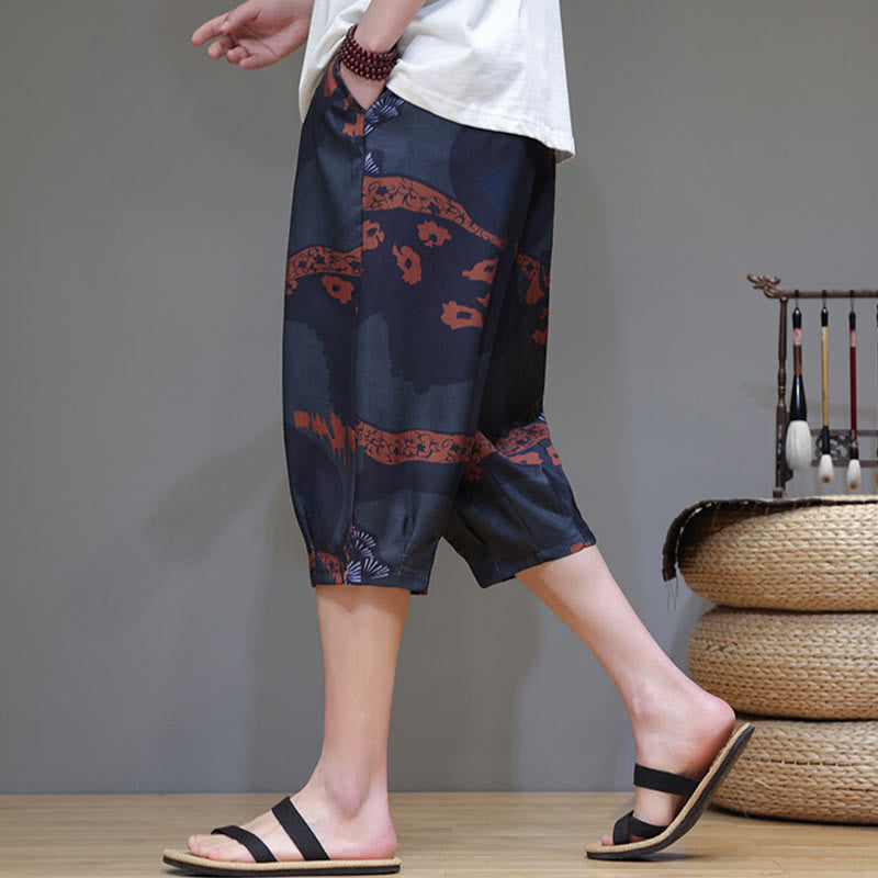 Pantaloni Capri da uomo in cotone e lino con tasche, motivo Buddha Stones, foglie di bambù estive e fiori - image 14