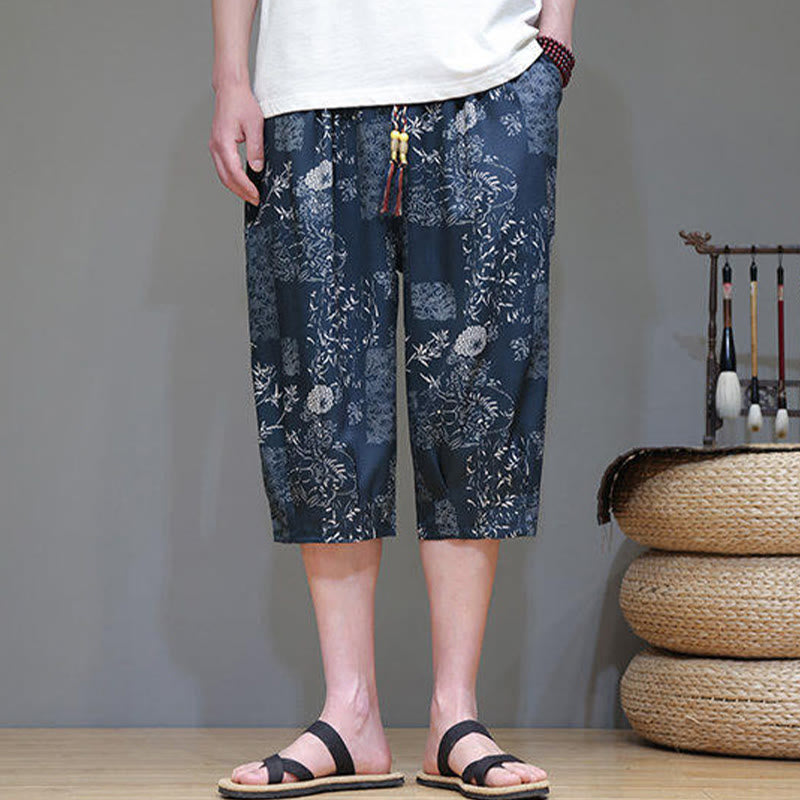 Pantaloni Capri da uomo in cotone e lino con tasche, motivo Buddha Stones, foglie di bambù estive e fiori - image 5