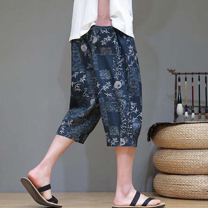 Pantaloni Capri da uomo in cotone e lino con tasche, motivo Buddha Stones, foglie di bambù estive e fiori - image 3