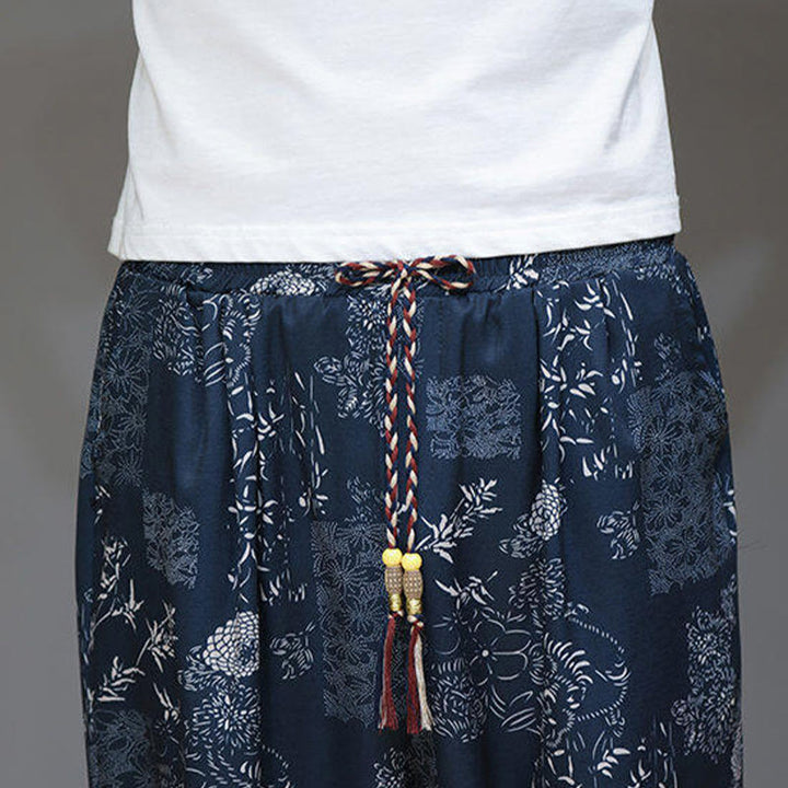 Pantaloni Capri da uomo in cotone e lino con tasche, motivo Buddha Stones, foglie di bambù estive e fiori - image 9