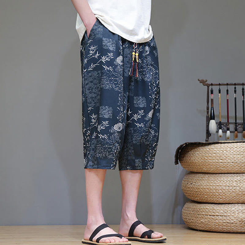 Pantaloni Capri da uomo in cotone e lino con tasche, motivo Buddha Stones, foglie di bambù estive e fiori - image 6