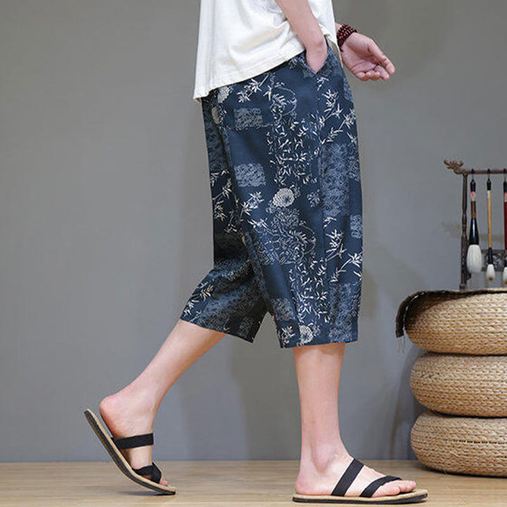 Pantaloni Capri da uomo in cotone e lino con tasche, motivo Buddha Stones, foglie di bambù estive e fiori - image 7