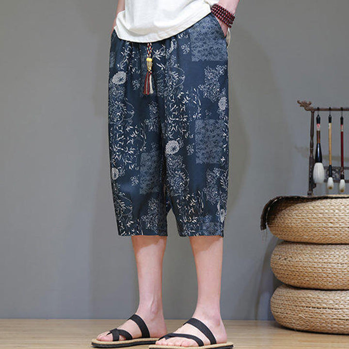 Pantaloni Capri da uomo in cotone e lino con tasche, motivo Buddha Stones, foglie di bambù estive e fiori - image 2