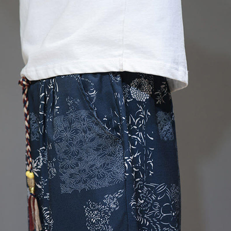 Pantaloni Capri da uomo in cotone e lino con tasche, motivo Buddha Stones, foglie di bambù estive e fiori - image 10