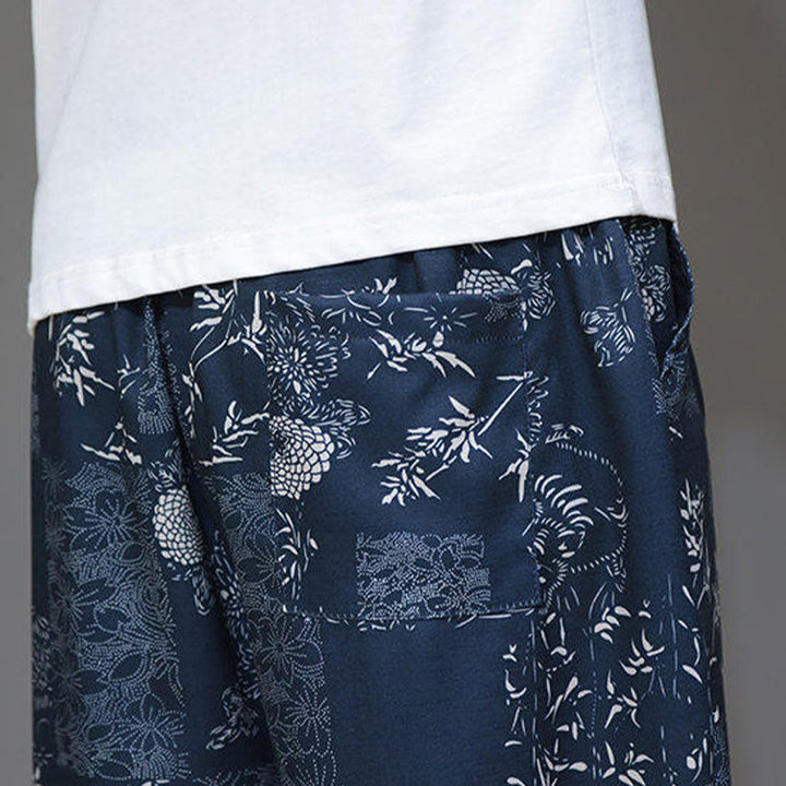 Pantaloni Capri da uomo in cotone e lino con tasche, motivo Buddha Stones, foglie di bambù estive e fiori - image 11