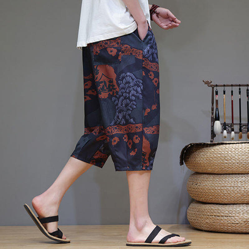 Pantaloni Capri da uomo in cotone e lino con tasche, motivo Buddha Stones, foglie di bambù estive e fiori - image 16