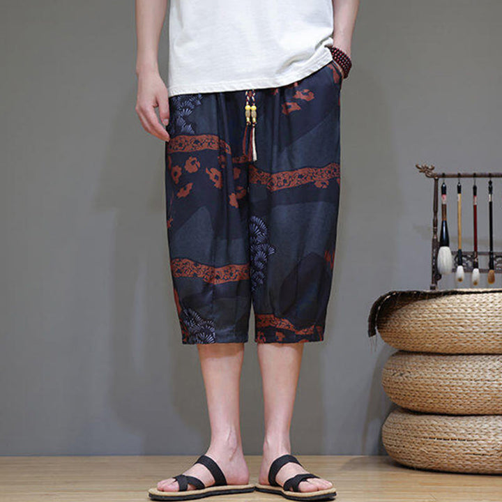 Pantaloni Capri da uomo in cotone e lino con tasche, motivo Buddha Stones, foglie di bambù estive e fiori - image 18