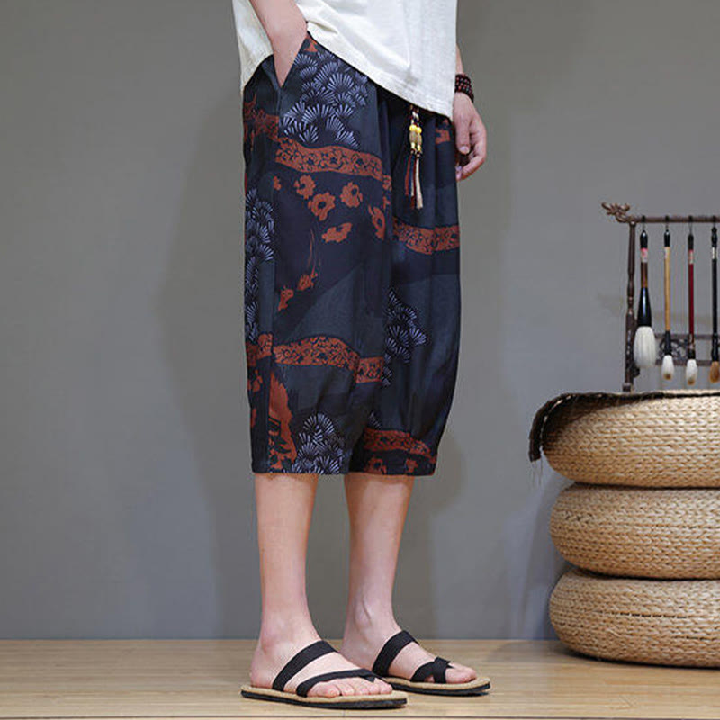 Pantaloni Capri da uomo in cotone e lino con tasche, motivo Buddha Stones, foglie di bambù estive e fiori - image 15