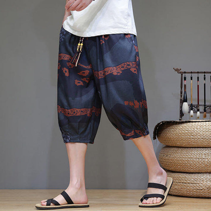 Pantaloni Capri da uomo in cotone e lino con tasche, motivo Buddha Stones, foglie di bambù estive e fiori - Grigio scuro - US/UK/AU46, EU56 (5XL) - image 13