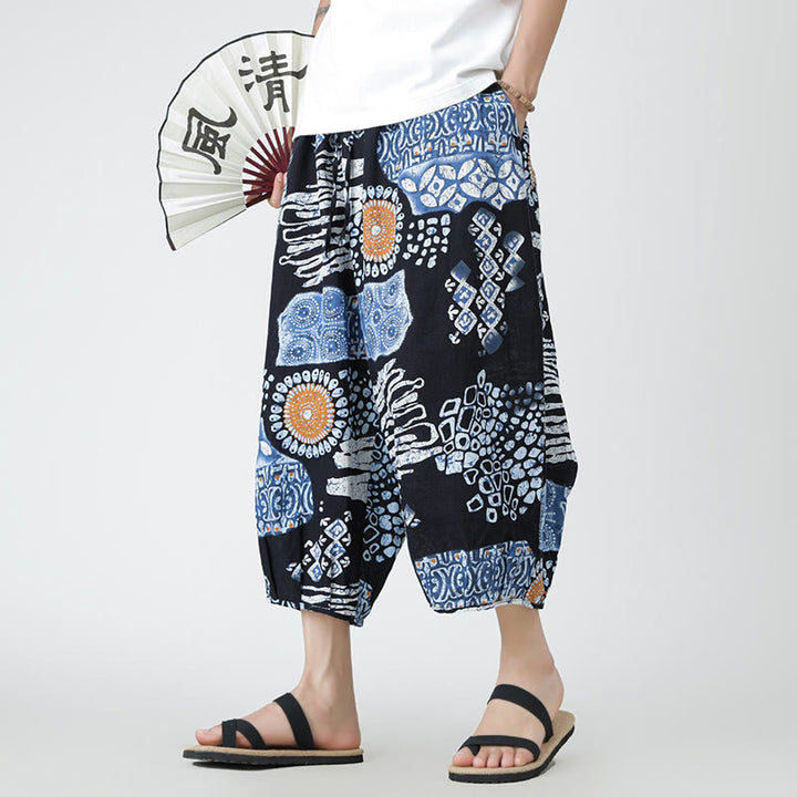 Pantaloni da uomo in cotone e lino, con tasche, lunghezza 7-8, quadrati estivi, patchwork, elefante, mandala , Buddha Stones