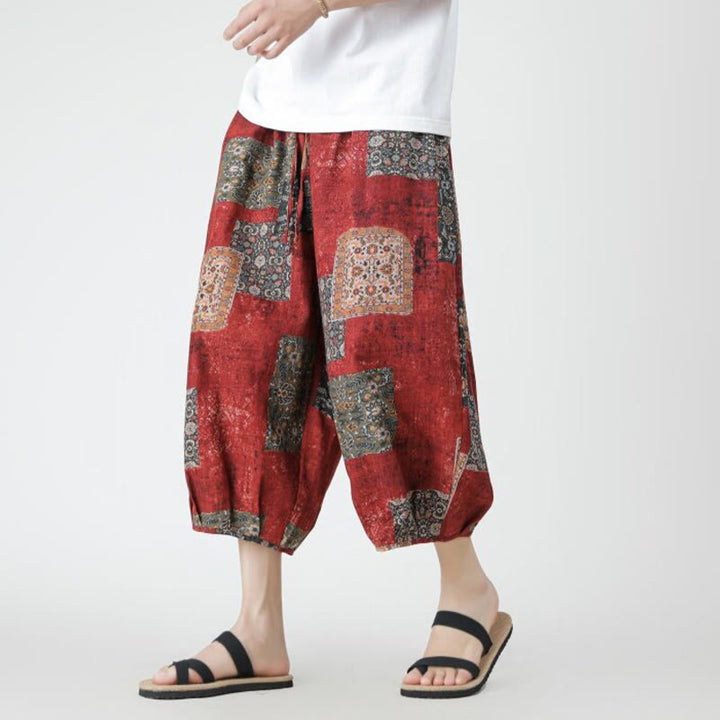 Pantaloni da uomo in cotone e lino, con tasche, lunghezza 7-8, quadrati estivi, patchwork, elefante, mandala , Buddha Stones - Rosso - US/UK/AU46, EU56 (5XL) - image 0