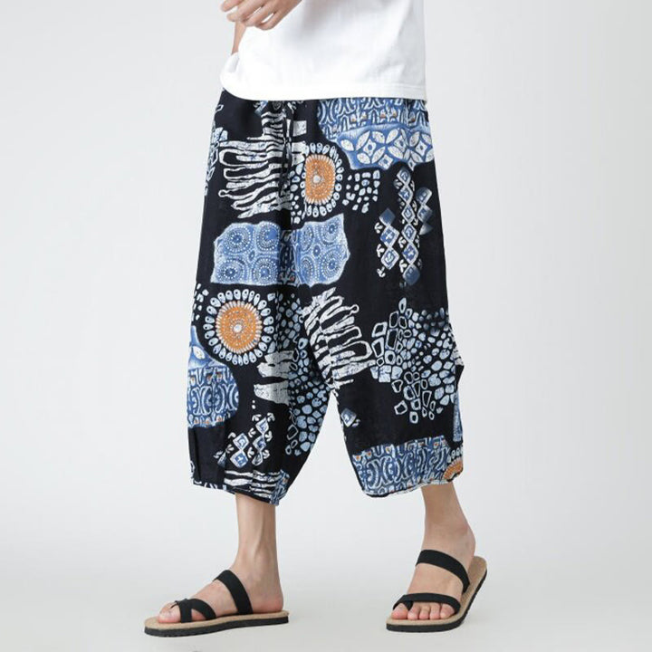 Pantaloni da uomo in cotone e lino, con tasche, lunghezza 7-8, quadrati estivi, patchwork, elefante, mandala , Buddha Stones