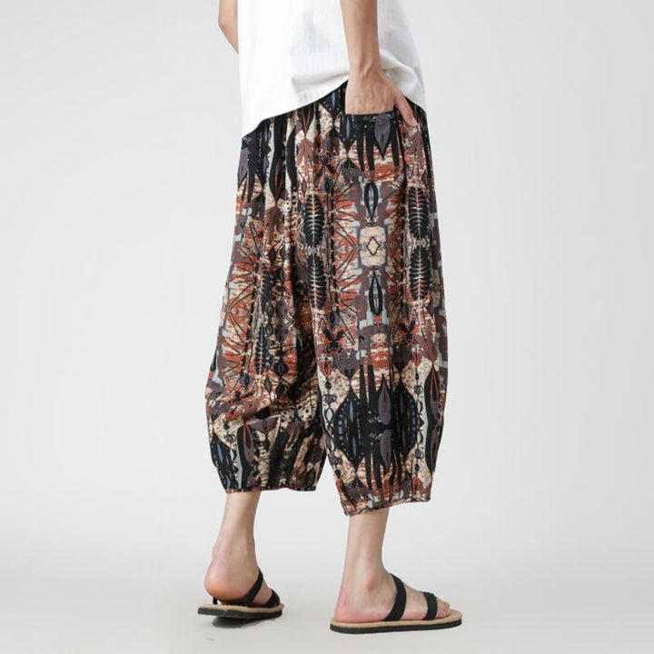 Pantaloni da uomo in cotone e lino, con tasche, lunghezza 7-8, quadrati estivi, patchwork, elefante, mandala , Buddha Stones