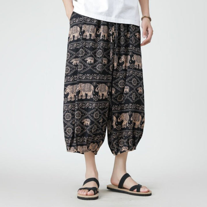 Pantaloni da uomo in cotone e lino, con tasche, lunghezza 7-8, quadrati estivi, patchwork, elefante, mandala , Buddha Stones