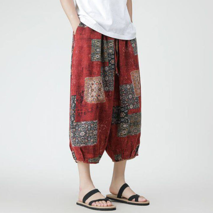 Pantaloni da uomo in cotone e lino, con tasche, lunghezza 7-8, quadrati estivi, patchwork, elefante, mandala , Buddha Stones