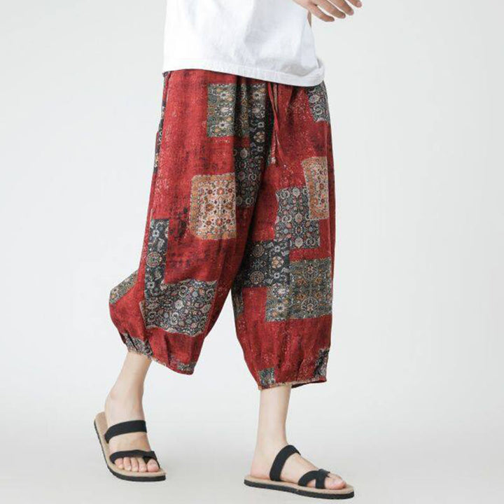 Pantaloni da uomo in cotone e lino, con tasche, lunghezza 7-8, quadrati estivi, patchwork, elefante, mandala , Buddha Stones