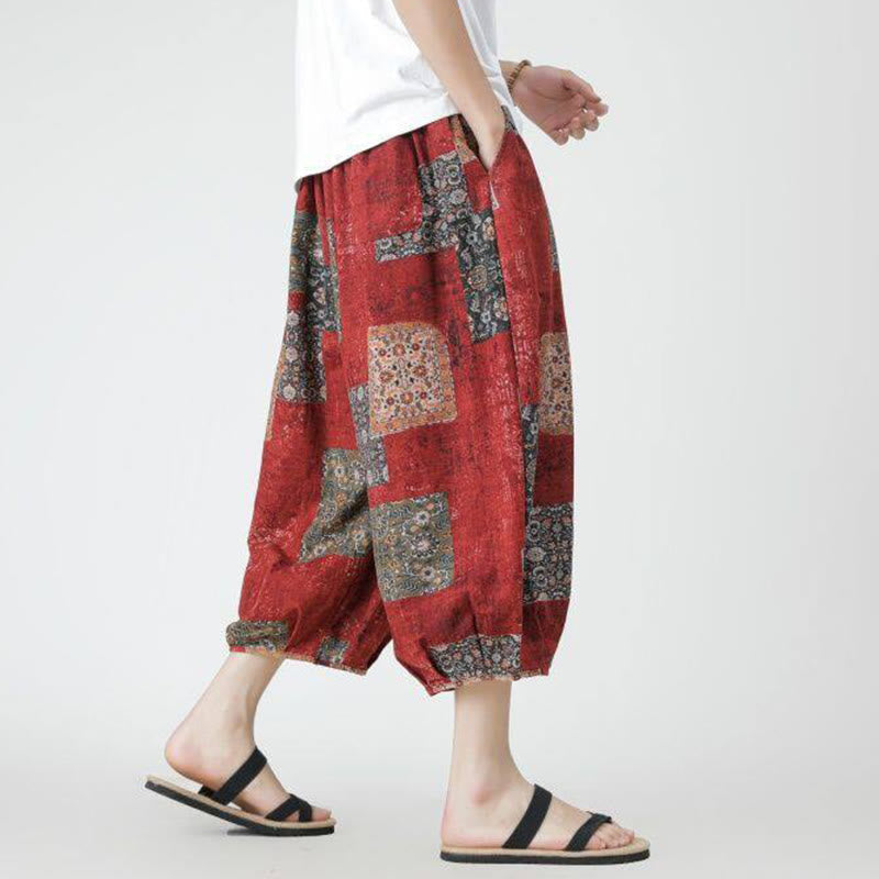 Pantaloni da uomo in cotone e lino, con tasche, lunghezza 7-8, quadrati estivi, patchwork, elefante, mandala , Buddha Stones