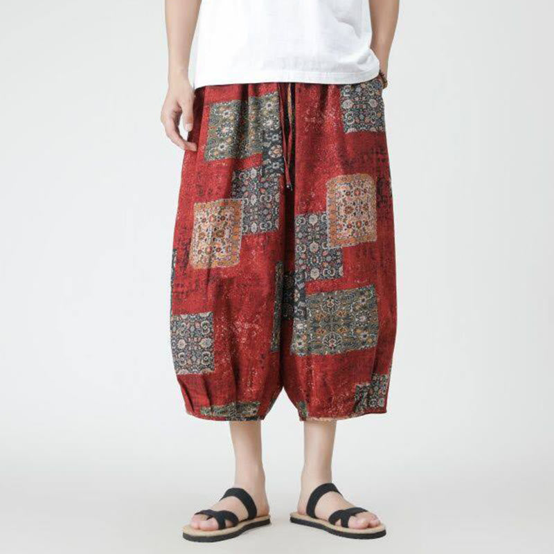 Pantaloni da uomo in cotone e lino, con tasche, lunghezza 7-8, quadrati estivi, patchwork, elefante, mandala , Buddha Stones