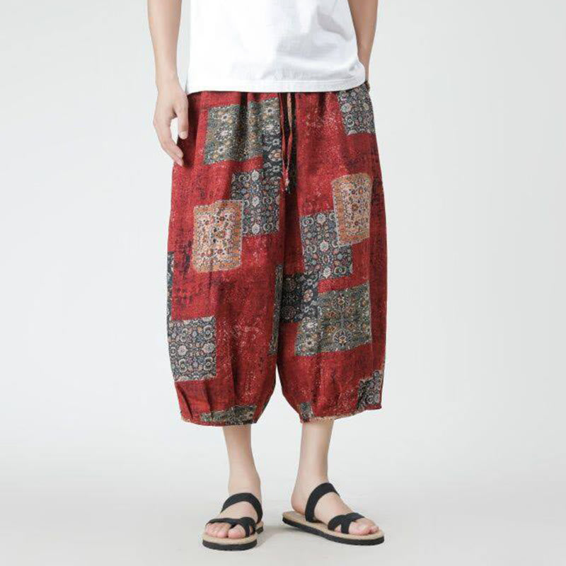 Pantaloni da uomo in cotone e lino, con tasche, lunghezza 7-8, quadrati estivi, patchwork, elefante, mandala , Buddha Stones