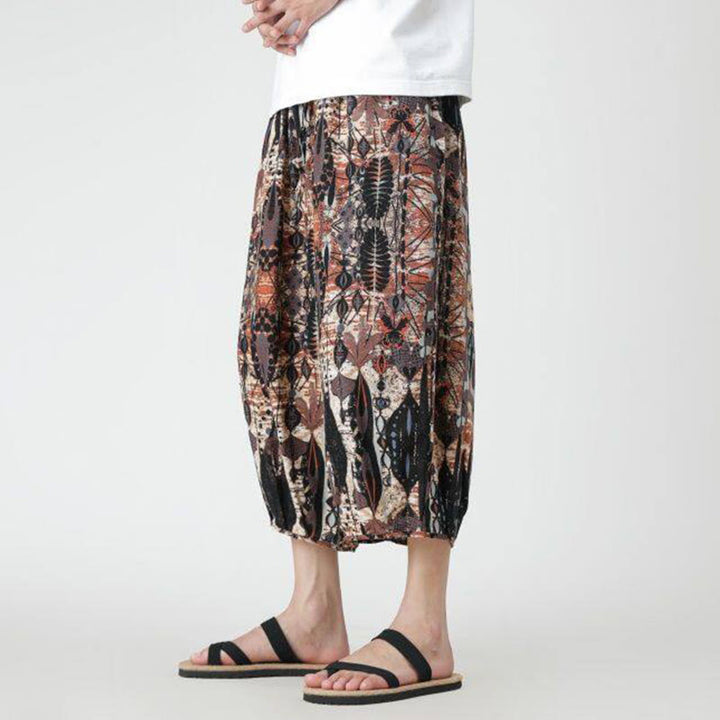 Pantaloni da uomo in cotone e lino, con tasche, lunghezza 7-8, quadrati estivi, patchwork, elefante, mandala , Buddha Stones