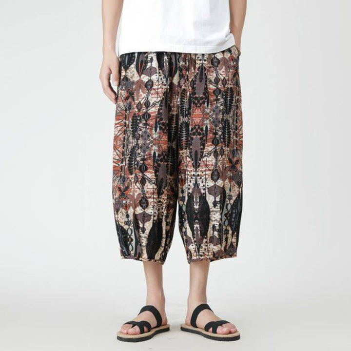 Pantaloni da uomo in cotone e lino, con tasche, lunghezza 7-8, quadrati estivi, patchwork, elefante, mandala , Buddha Stones