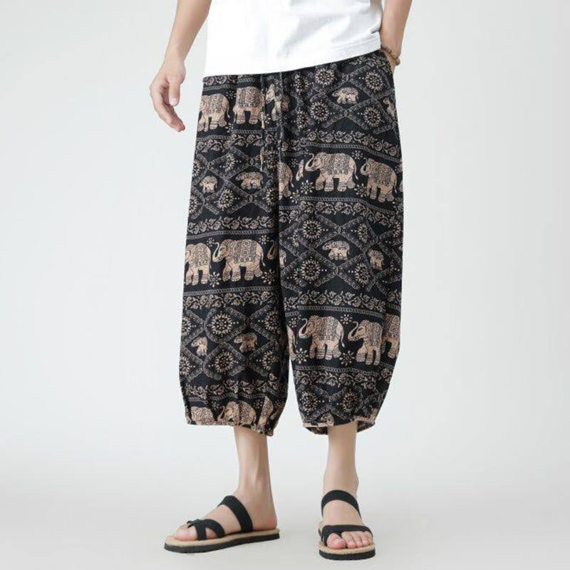 Pantaloni da uomo in cotone e lino, con tasche, lunghezza 7-8, quadrati estivi, patchwork, elefante, mandala , Buddha Stones