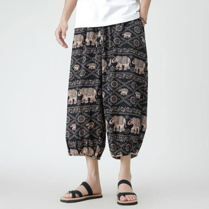 Pantaloni da uomo in cotone e lino, con tasche, lunghezza 7-8, quadrati estivi, patchwork, elefante, mandala , Buddha Stones