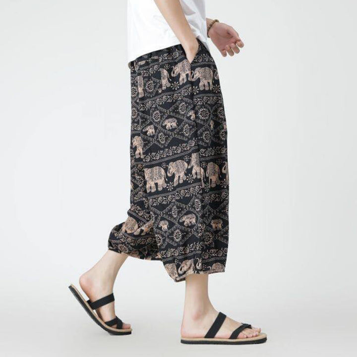 Pantaloni da uomo in cotone e lino, con tasche, lunghezza 7-8, quadrati estivi, patchwork, elefante, mandala , Buddha Stones