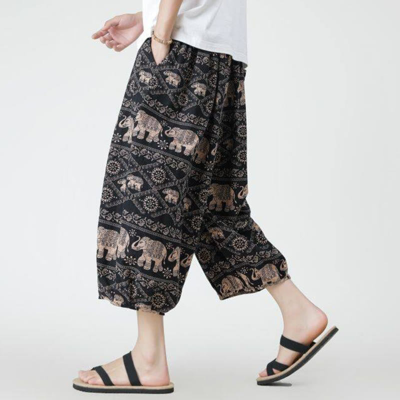 Pantaloni da uomo in cotone e lino, con tasche, lunghezza 7-8, quadrati estivi, patchwork, elefante, mandala , Buddha Stones