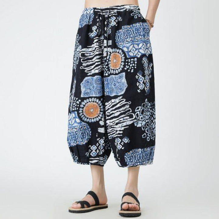 Pantaloni da uomo in cotone e lino, con tasche, lunghezza 7-8, quadrati estivi, patchwork, elefante, mandala , Buddha Stones