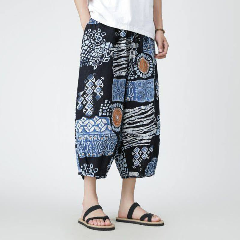 Pantaloni da uomo in cotone e lino, con tasche, lunghezza 7-8, quadrati estivi, patchwork, elefante, mandala , Buddha Stones