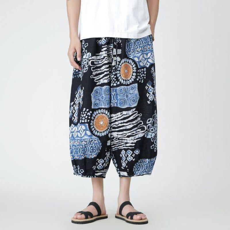 Pantaloni da uomo in cotone e lino, con tasche, lunghezza 7-8, quadrati estivi, patchwork, elefante, mandala , Buddha Stones