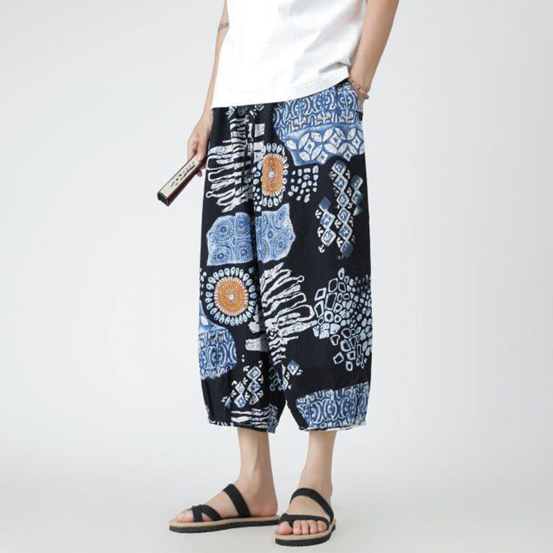 Pantaloni da uomo in cotone e lino, con tasche, lunghezza 7-8, quadrati estivi, patchwork, elefante, mandala , Buddha Stones