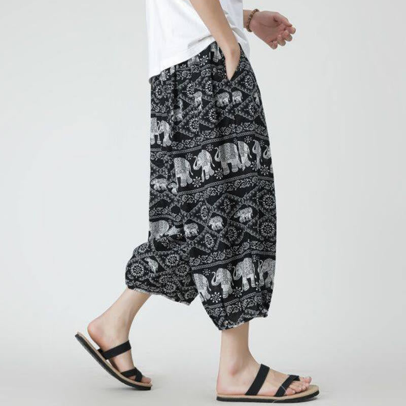 Pantaloni da uomo in cotone e lino, con tasche, lunghezza 7-8, quadrati estivi, patchwork, elefante, mandala , Buddha Stones