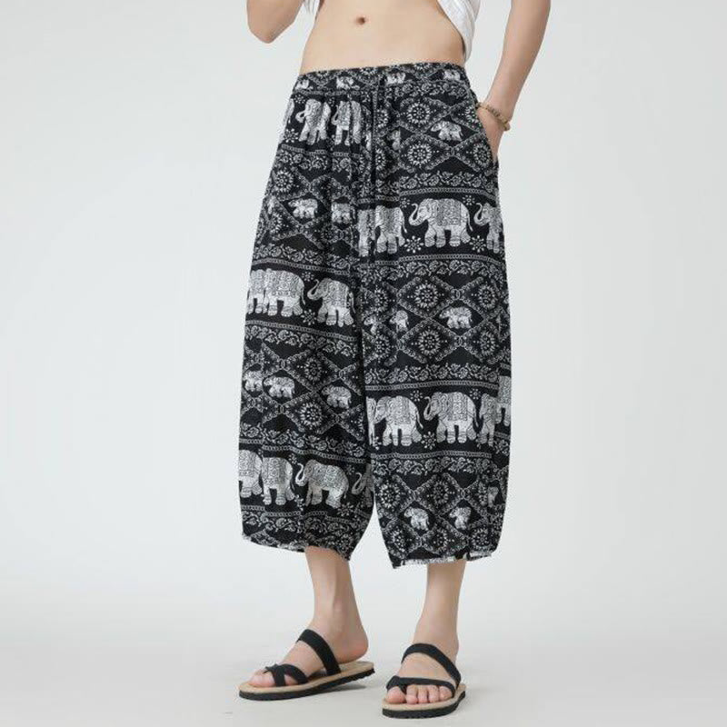 Pantaloni da uomo in cotone e lino, con tasche, lunghezza 7-8, quadrati estivi, patchwork, elefante, mandala , Buddha Stones