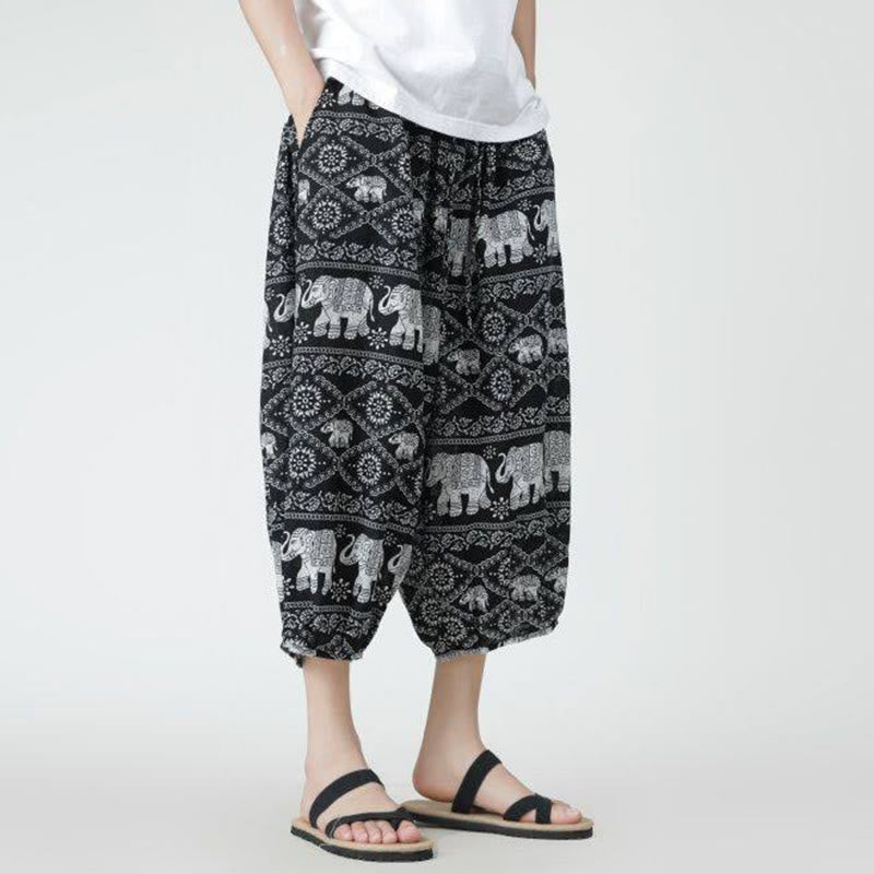Pantaloni da uomo in cotone e lino, con tasche, lunghezza 7-8, quadrati estivi, patchwork, elefante, mandala , Buddha Stones