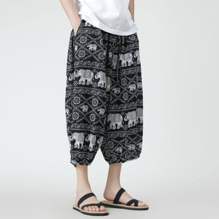 Pantaloni da uomo in cotone e lino, con tasche, lunghezza 7-8, quadrati estivi, patchwork, elefante, mandala , Buddha Stones