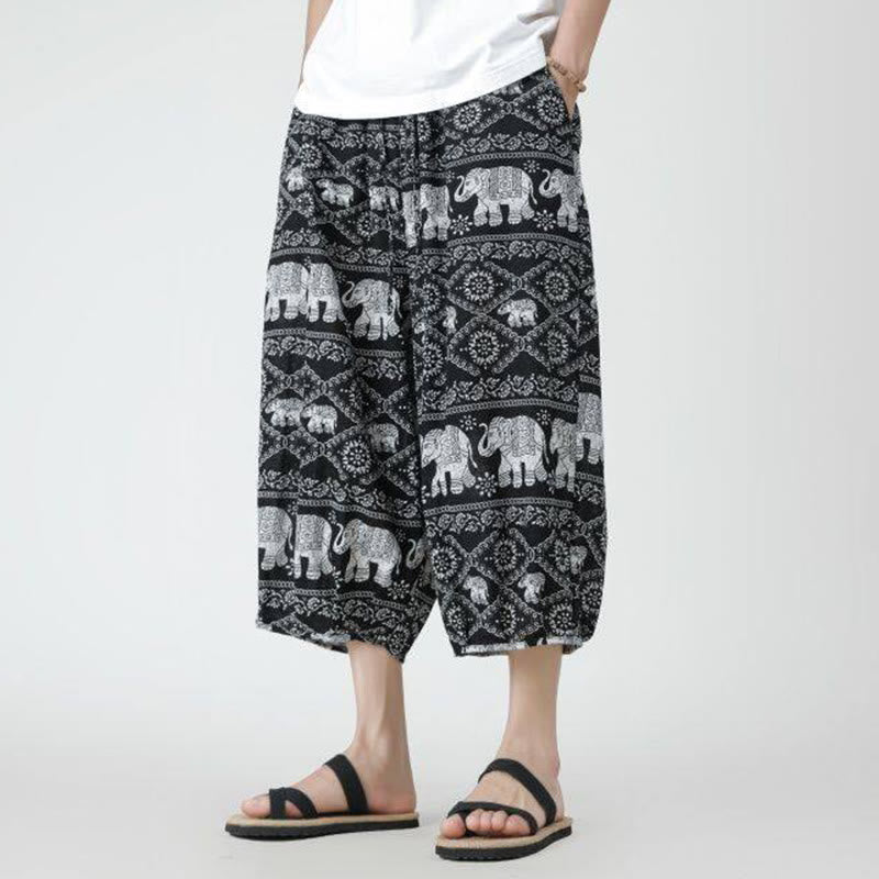 Pantaloni da uomo in cotone e lino, con tasche, lunghezza 7-8, quadrati estivi, patchwork, elefante, mandala , Buddha Stones