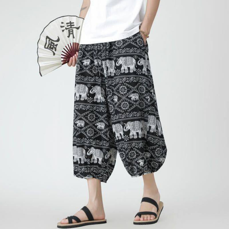 Pantaloni da uomo in cotone e lino, con tasche, lunghezza 7-8, quadrati estivi, patchwork, elefante, mandala , Buddha Stones