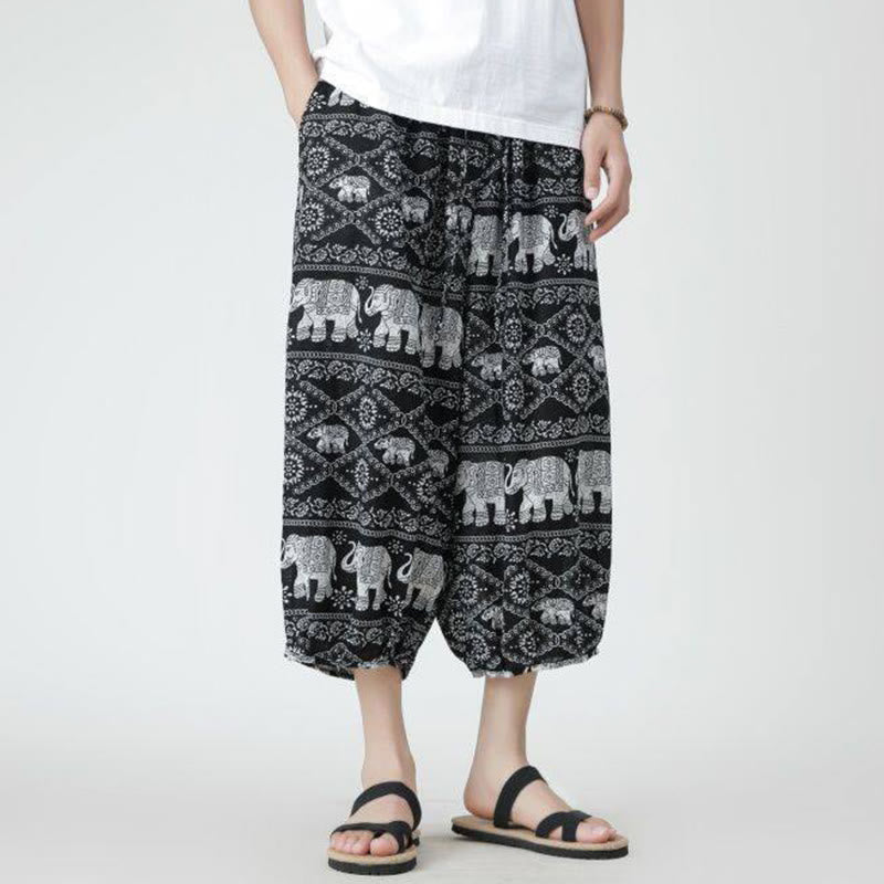 Pantaloni da uomo in cotone e lino, con tasche, lunghezza 7-8, quadrati estivi, patchwork, elefante, mandala , Buddha Stones
