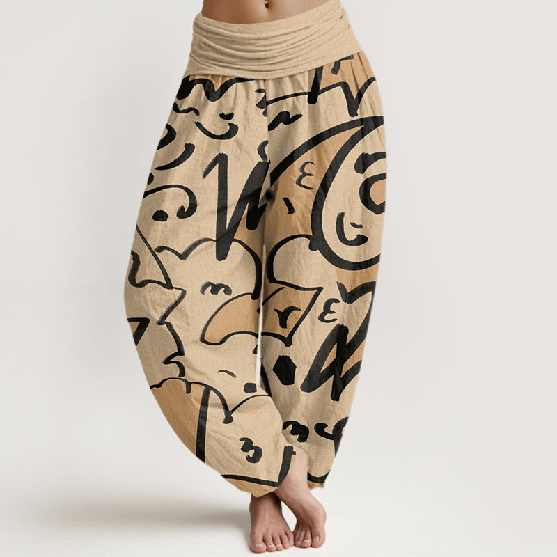 Pantaloni harem da donna con elastico in vita e motivo a scarabocchi casual e giocoso con Buddha Stones - PaleGoldenrod - US22, UK/AU26, EU54 (6XL) - image 1