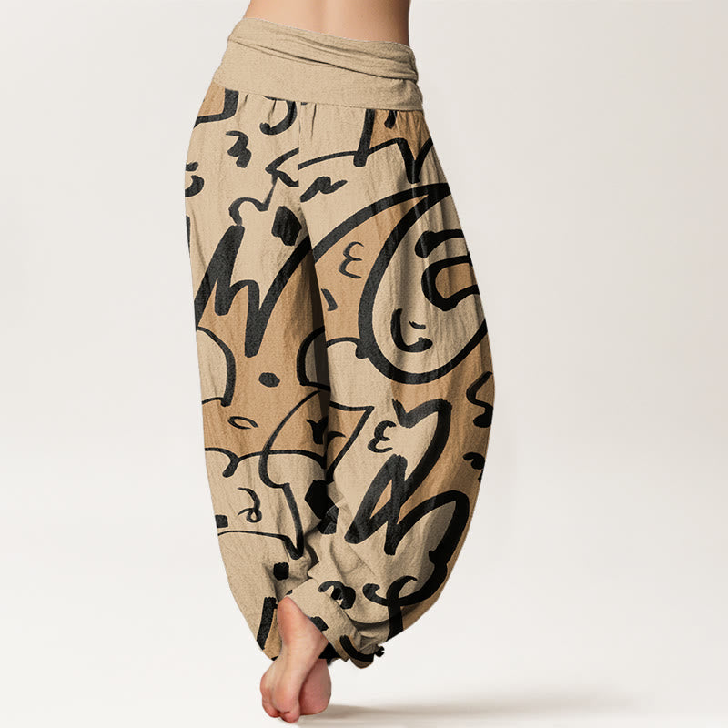 Pantaloni harem da donna con elastico in vita e motivo a scarabocchi casual e giocoso con Buddha Stones - image 2