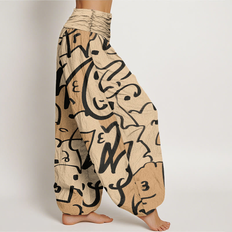 Pantaloni harem da donna con elastico in vita e motivo a scarabocchi casual e giocoso con Buddha Stones - image 3