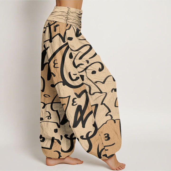 Pantaloni harem da donna con elastico in vita e motivo a scarabocchi casual e giocoso con Buddha Stones - image 3