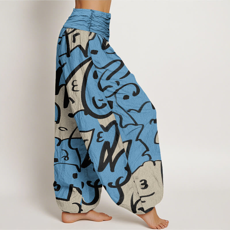 Pantaloni harem da donna con elastico in vita e motivo a scarabocchi casual e giocoso con Buddha Stones - image 7