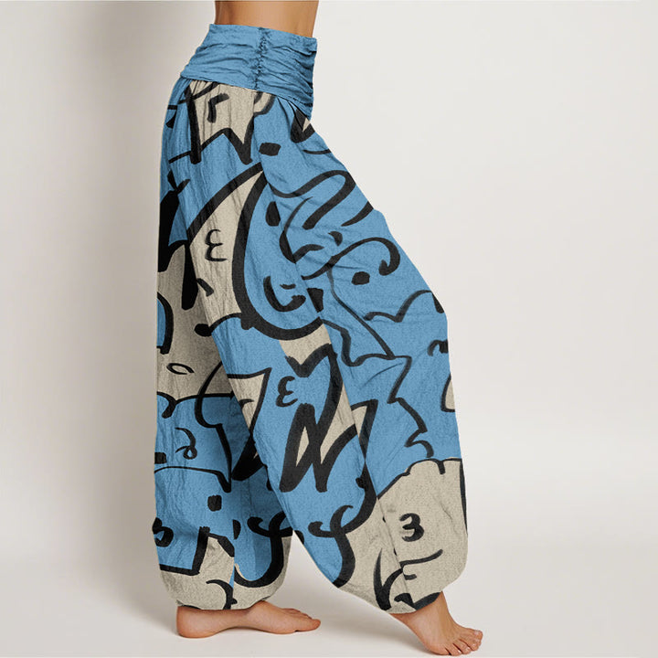 Pantaloni harem da donna con elastico in vita e motivo a scarabocchi casual e giocoso con Buddha Stones - image 7