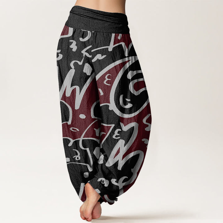 Pantaloni harem da donna con elastico in vita e motivo a scarabocchi casual e giocoso con Buddha Stones - image 9